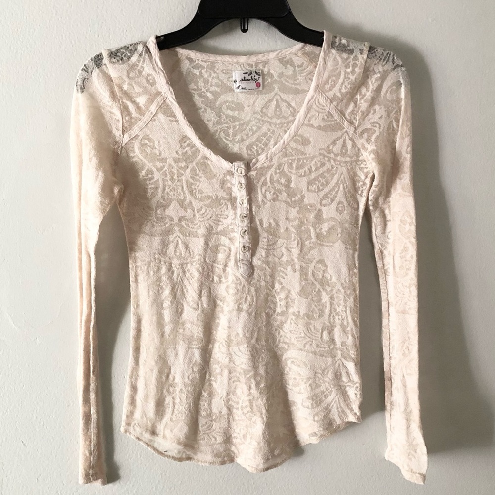 Free People Burnout Sheer Cream Lace Henley Long-Sleeve Layering Top